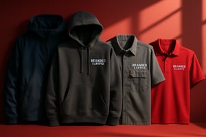 photographic Branded Apparel Jackets hoodies uniforms and polos Combine team orders to reach the threshold quickly No People Red studio background wit