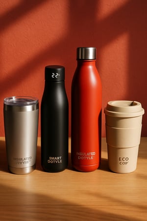 photographic Premium Drinkware Insulated tumblers smart bottles and ecocups High daily usage items perfect for laser engraving red studio background w