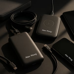 photographic Tech Accessories Power banks cables and desk tech Essential gear for hybrid workforces With laser engrave name black studio background wi-1