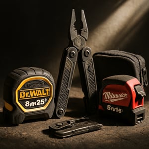 photographic Trade Tools Measuring tapes multitools and rugged gear Built to last on any site black studio studio background with  natural sunlight-1